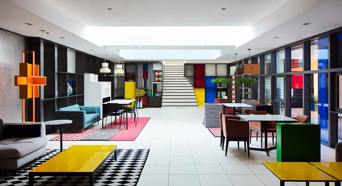 Memphis Design outdoor space interior design - featuring memphis design style furniture, decor, colors, and layout ideas for your outdoor space