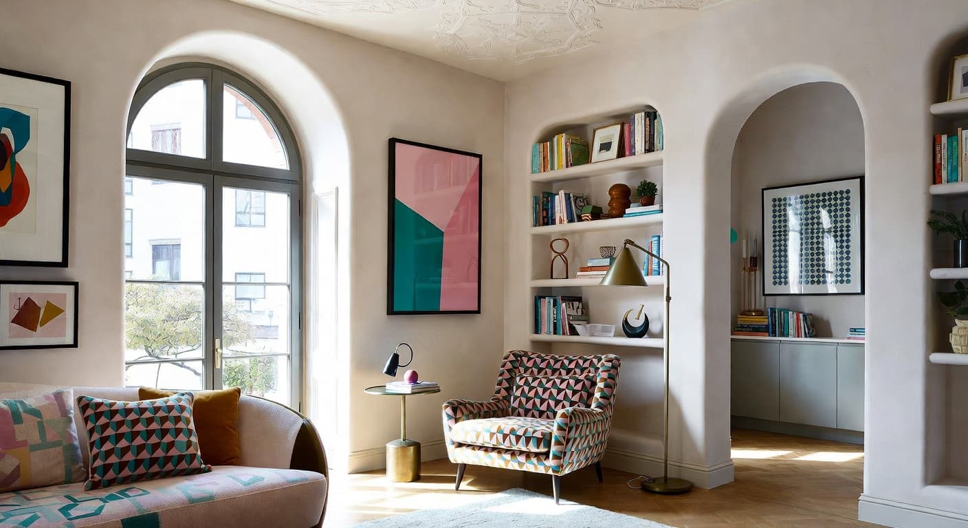 Memphis Design reading nook interior design - featuring memphis design style furniture, decor, colors, and layout ideas for your reading nook