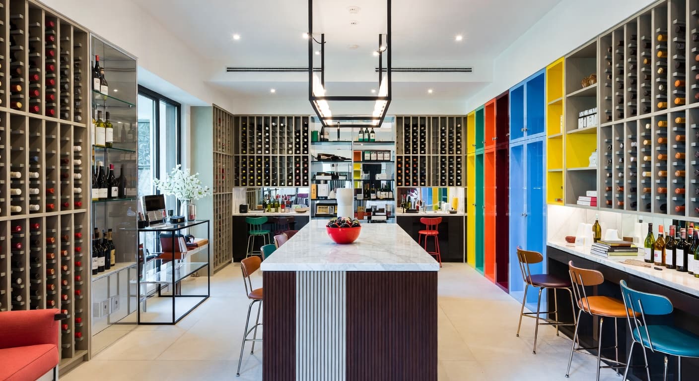 Memphis Design wine cellar interior design - featuring memphis design style furniture, decor, colors, and layout ideas for your wine cellar