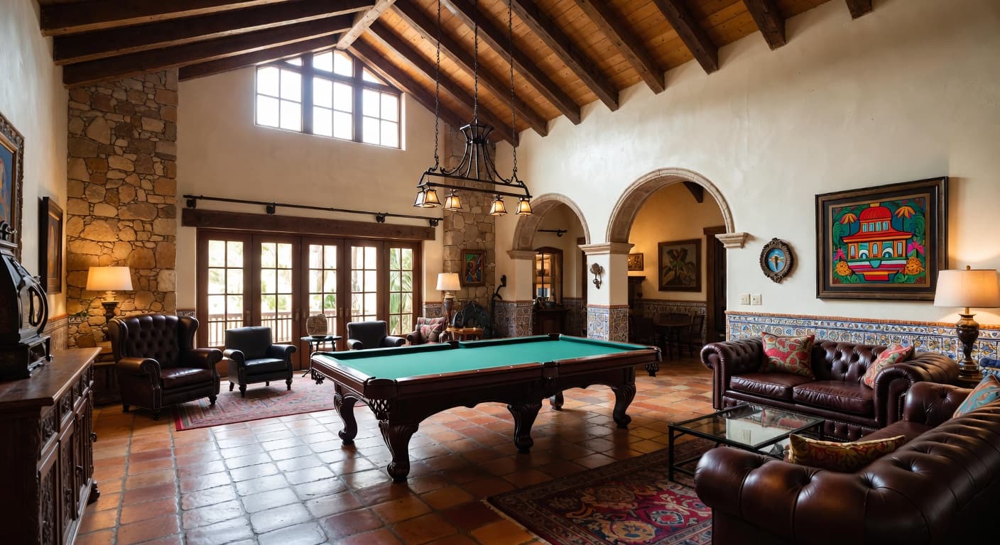Mexican billiards room interior design - featuring mexican style furniture, decor, colors, and layout ideas for your billiards room