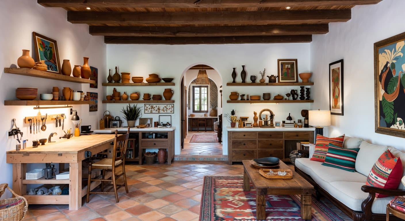 Mexican craft room / studio interior design - featuring mexican style furniture, decor, colors, and layout ideas for your craft room / studio