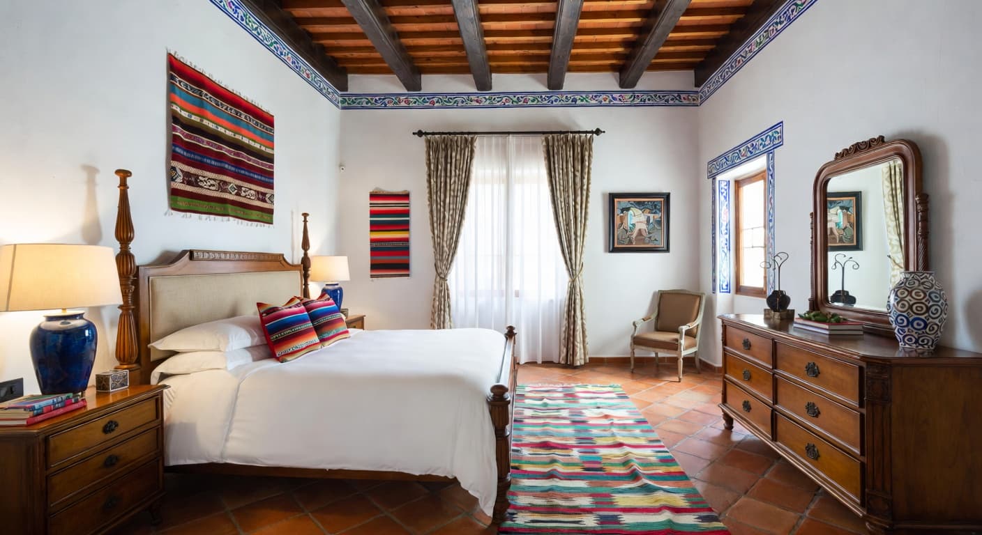 Mexican guest room interior design - featuring mexican style furniture, decor, colors, and layout ideas for your guest room