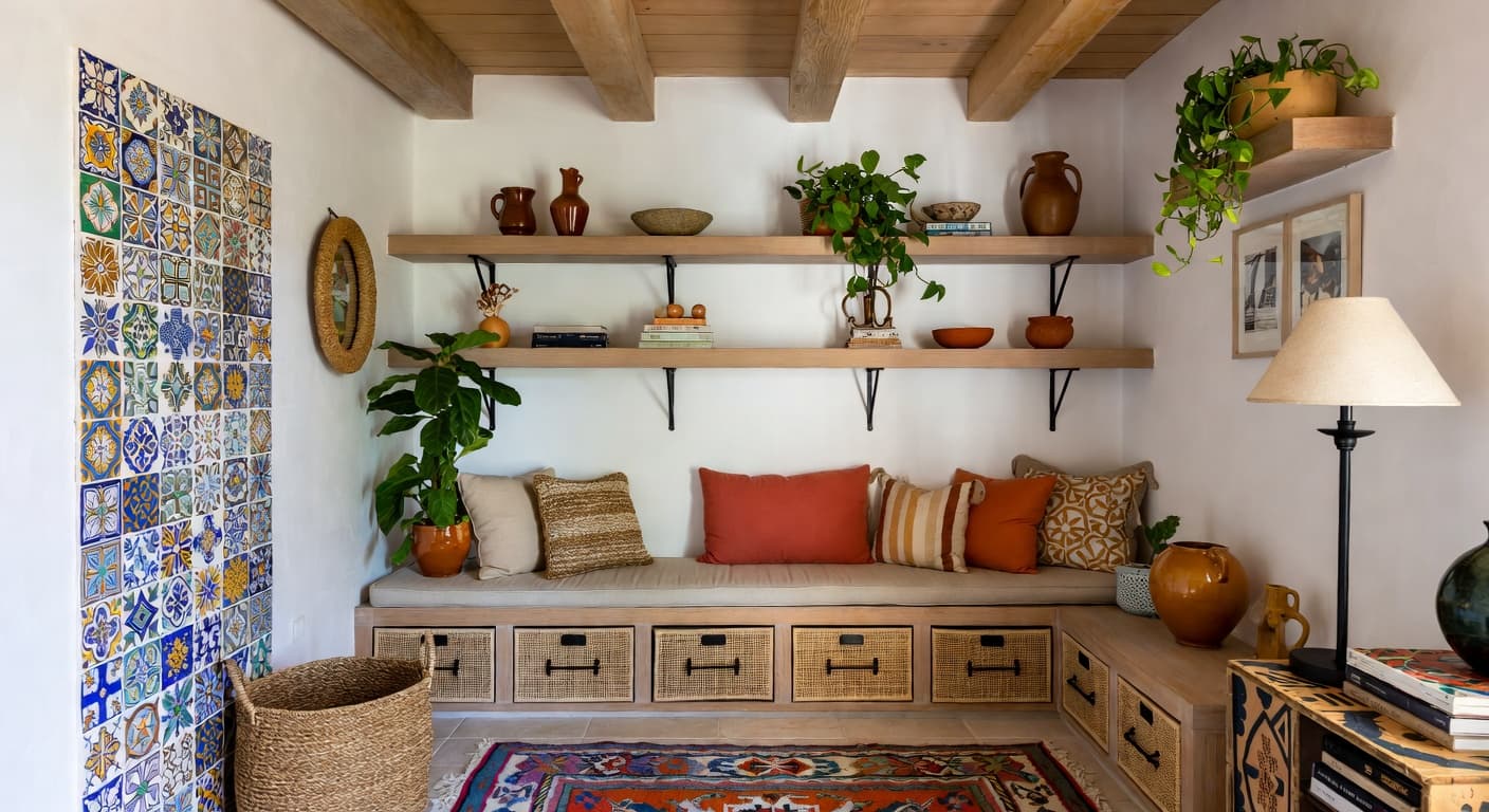 Mexican mudroom interior design - featuring mexican style furniture, decor, colors, and layout ideas for your mudroom