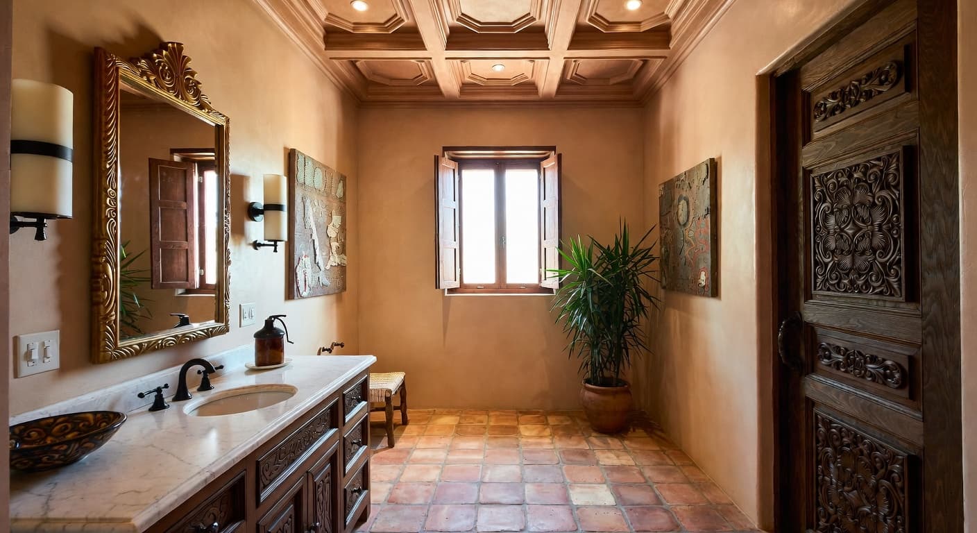 Mexican powder room interior design - featuring mexican style furniture, decor, colors, and layout ideas for your powder room