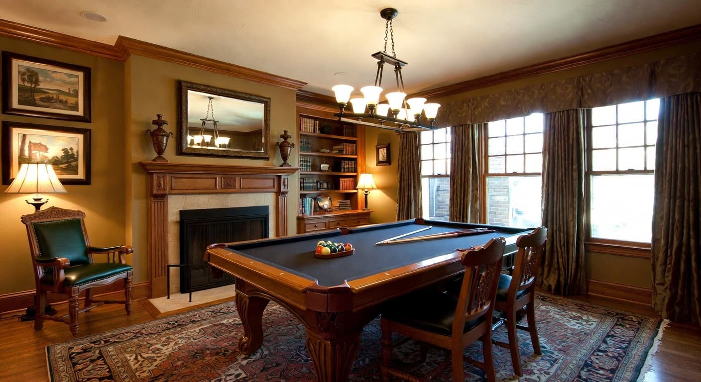 Mission Style billiards room interior design - featuring mission style style furniture, decor, colors, and layout ideas for your billiards room