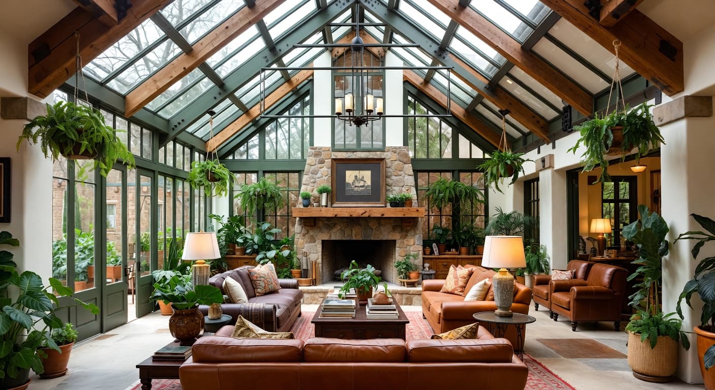 Mission Style greenhouse interior design - featuring mission style style furniture, decor, colors, and layout ideas for your greenhouse