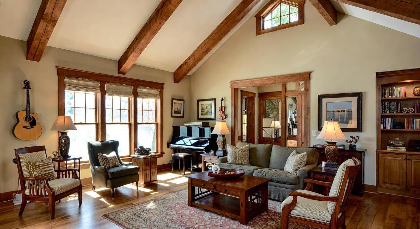 Mission Style music room interior design - featuring mission style style furniture, decor, colors, and layout ideas for your music room