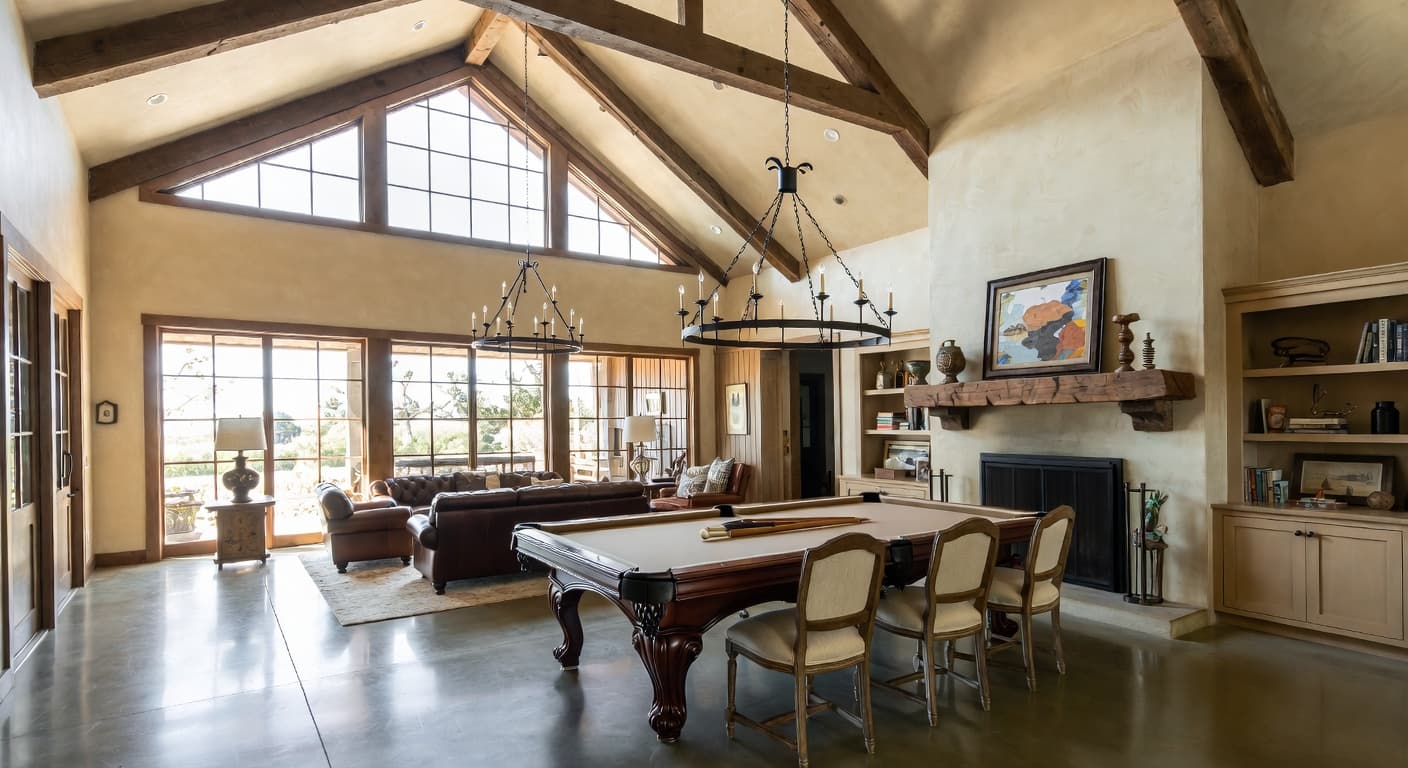 Modern Prairie billiards room interior design - featuring modern prairie style furniture, decor, colors, and layout ideas for your billiards room