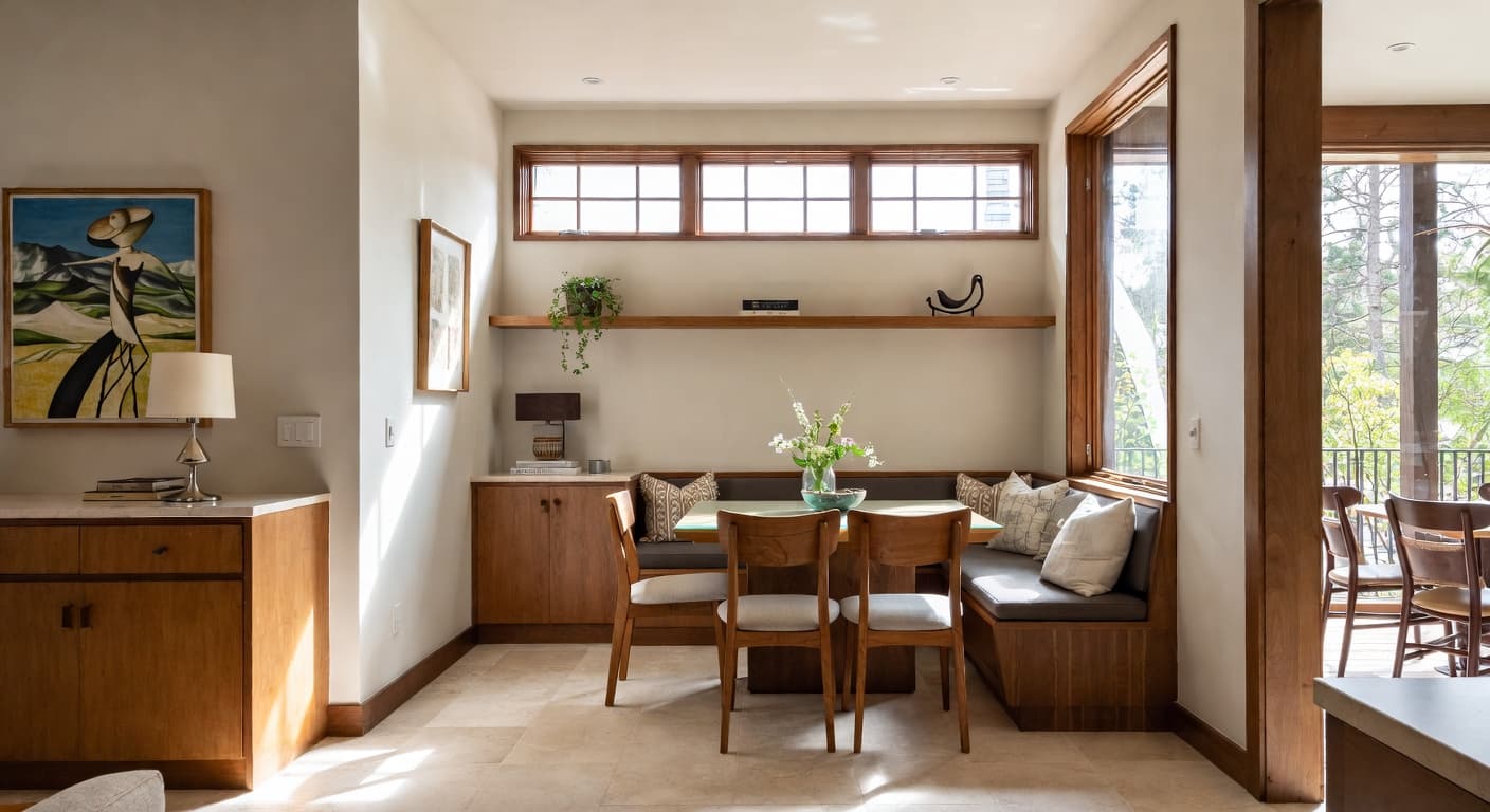 Modern Prairie breakfast nook interior design - featuring modern prairie style furniture, decor, colors, and layout ideas for your breakfast nook