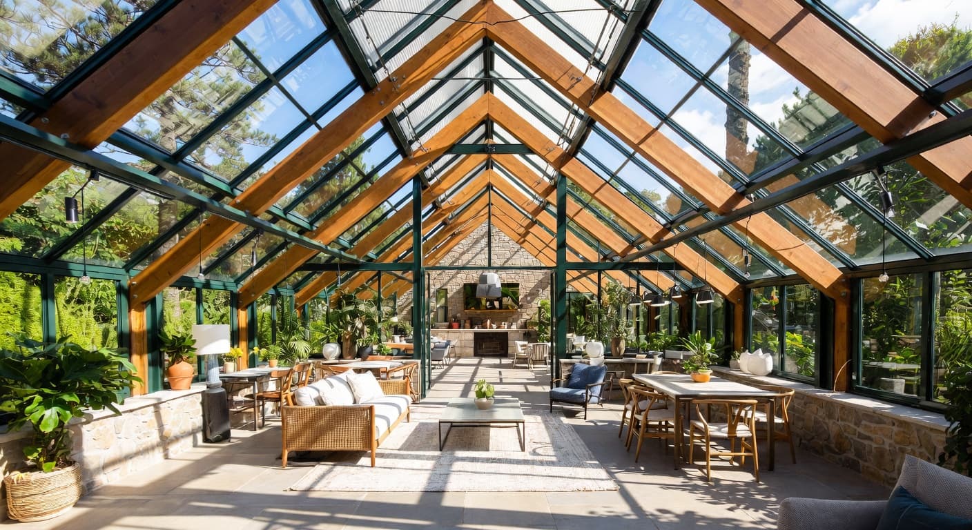 Modern Prairie greenhouse interior design - featuring modern prairie style furniture, decor, colors, and layout ideas for your greenhouse