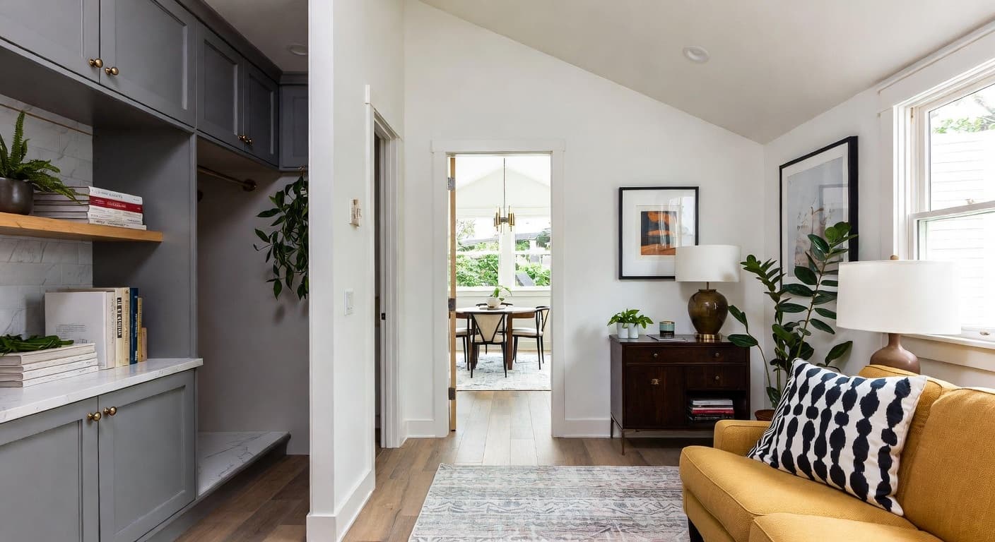 Modern Prairie mudroom interior design - featuring modern prairie style furniture, decor, colors, and layout ideas for your mudroom
