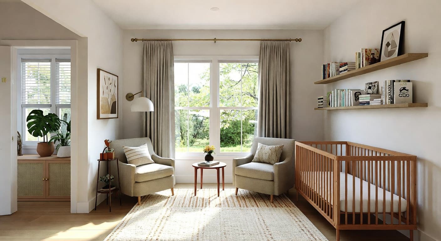 Modern Prairie nursery interior design - featuring modern prairie style furniture, decor, colors, and layout ideas for your nursery