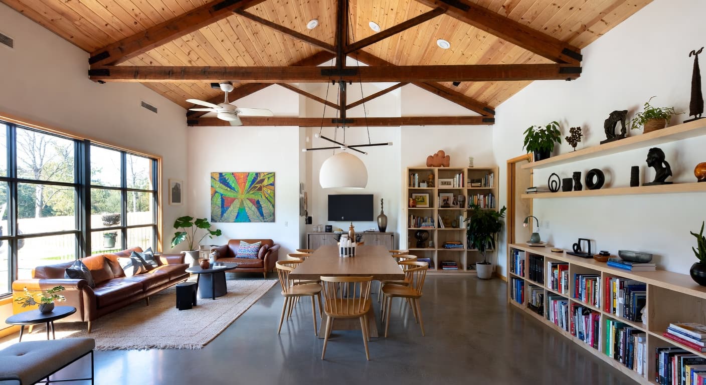 Modern Prairie workshop interior design - featuring modern prairie style furniture, decor, colors, and layout ideas for your workshop