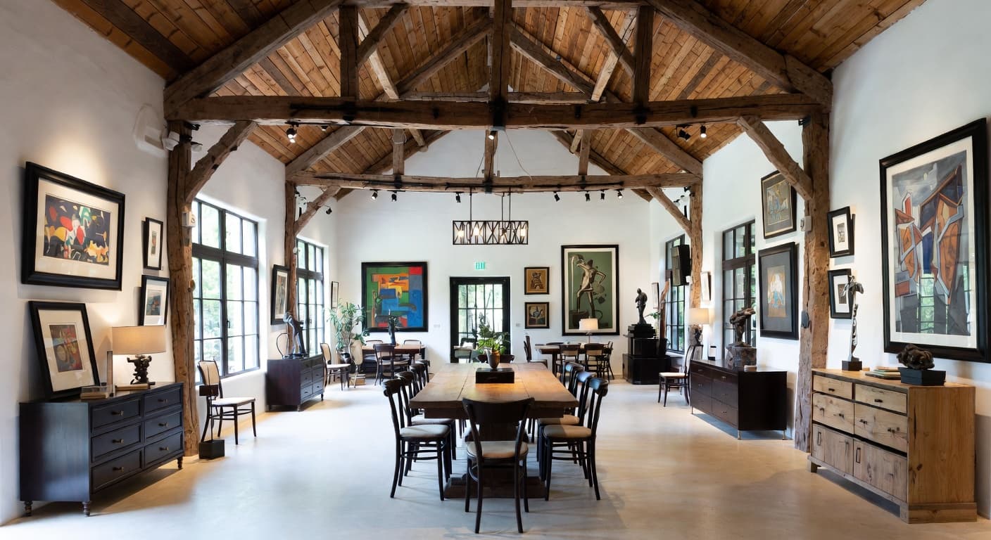 Modern Rustic gallery / art display interior design - featuring modern rustic style furniture, decor, colors, and layout ideas for your gallery / art display