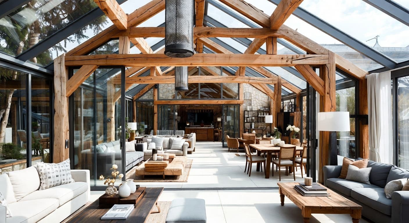 Modern Rustic greenhouse interior design - featuring modern rustic style furniture, decor, colors, and layout ideas for your greenhouse