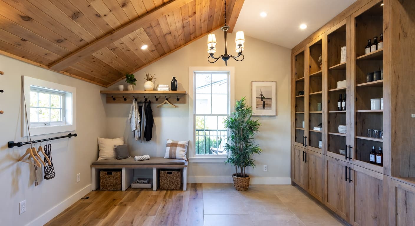 Modern Rustic mudroom interior design - featuring modern rustic style furniture, decor, colors, and layout ideas for your mudroom