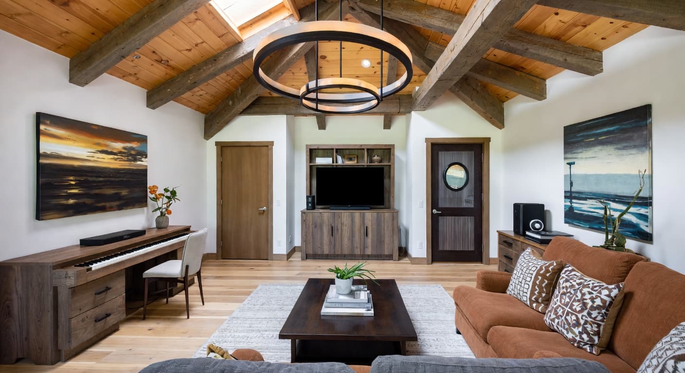 Modern Rustic music room interior design - featuring modern rustic style furniture, decor, colors, and layout ideas for your music room