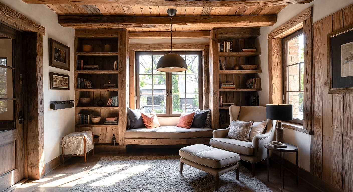 Modern Rustic reading nook interior design - featuring modern rustic style furniture, decor, colors, and layout ideas for your reading nook