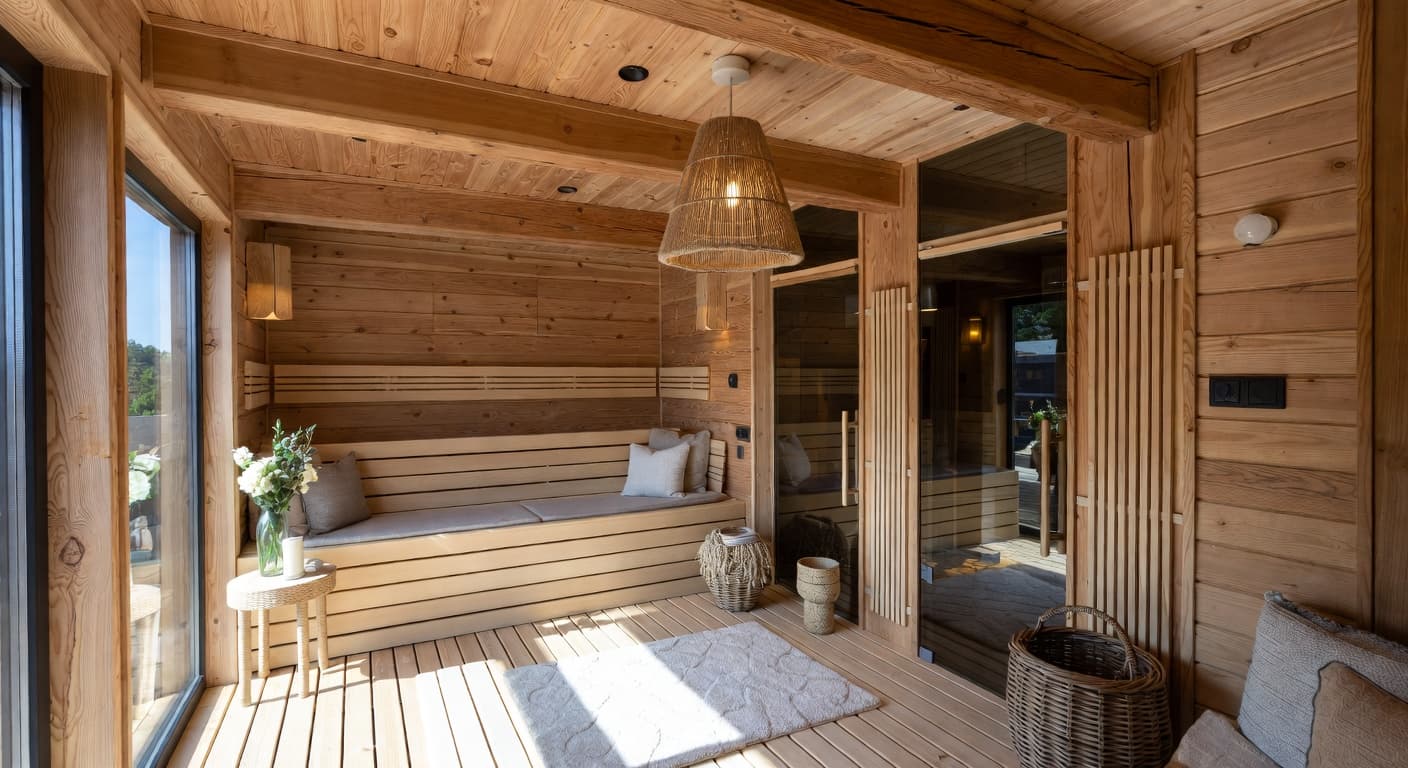 Modern Rustic sauna / spa room interior design - featuring modern rustic style furniture, decor, colors, and layout ideas for your sauna / spa room