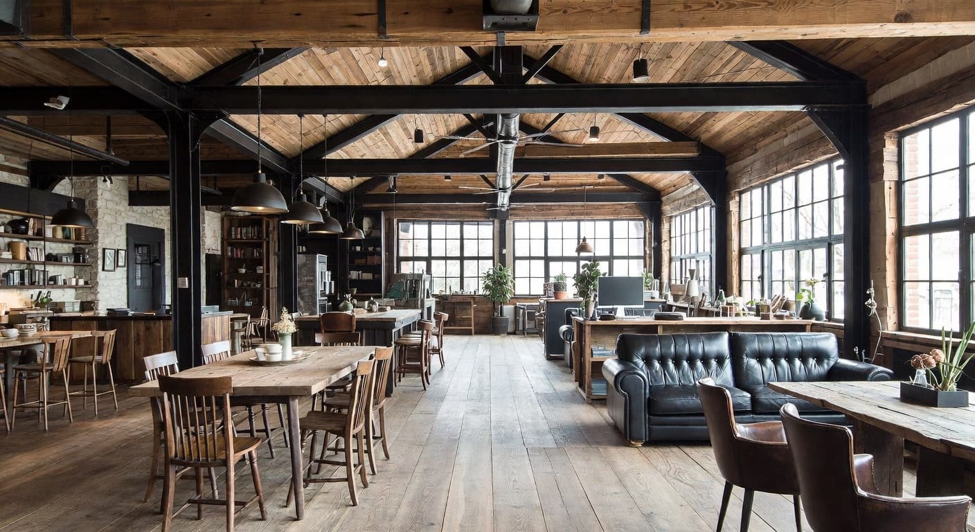 Modern Rustic workshop interior design - featuring modern rustic style furniture, decor, colors, and layout ideas for your workshop