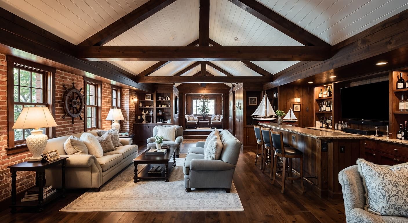 Nautical basement interior design - featuring nautical style furniture, decor, colors, and layout ideas for your basement