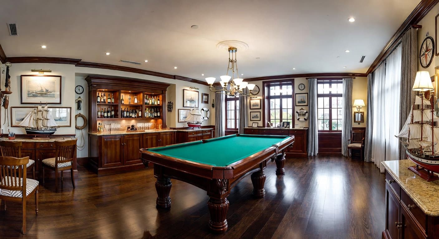 Nautical billiards room interior design - featuring nautical style furniture, decor, colors, and layout ideas for your billiards room
