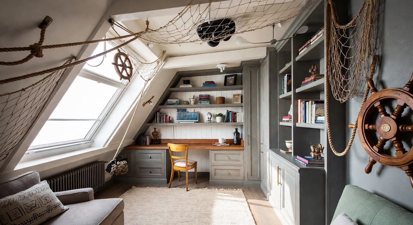 Nautical game room interior design - featuring nautical style furniture, decor, colors, and layout ideas for your game room