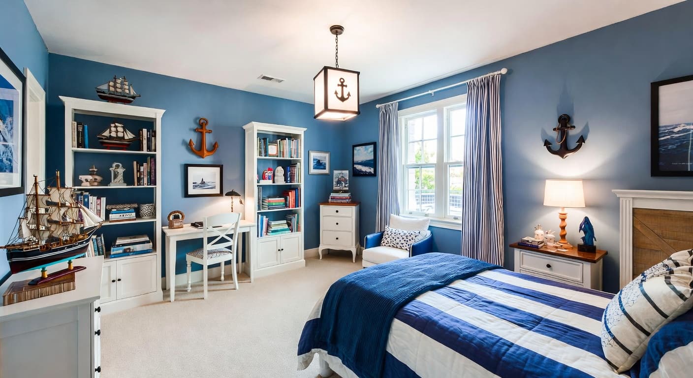 Nautical kids room interior design - featuring nautical style furniture, decor, colors, and layout ideas for your kids room