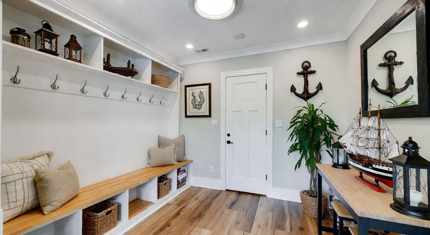 Nautical mudroom interior design - featuring nautical style furniture, decor, colors, and layout ideas for your mudroom