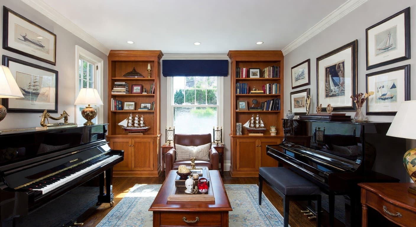 Nautical music room interior design - featuring nautical style furniture, decor, colors, and layout ideas for your music room