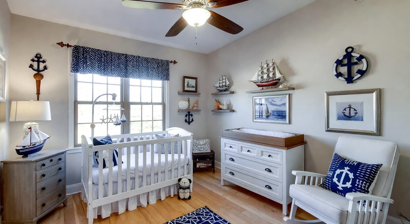 Nautical nursery interior design - featuring nautical style furniture, decor, colors, and layout ideas for your nursery