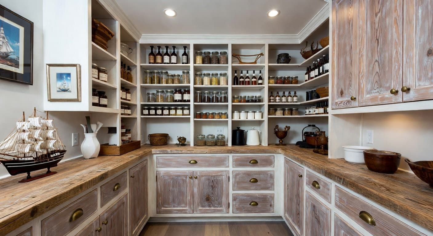 Nautical pantry interior design - featuring nautical style furniture, decor, colors, and layout ideas for your pantry