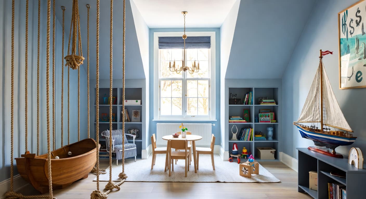 Nautical playroom interior design - featuring nautical style furniture, decor, colors, and layout ideas for your playroom