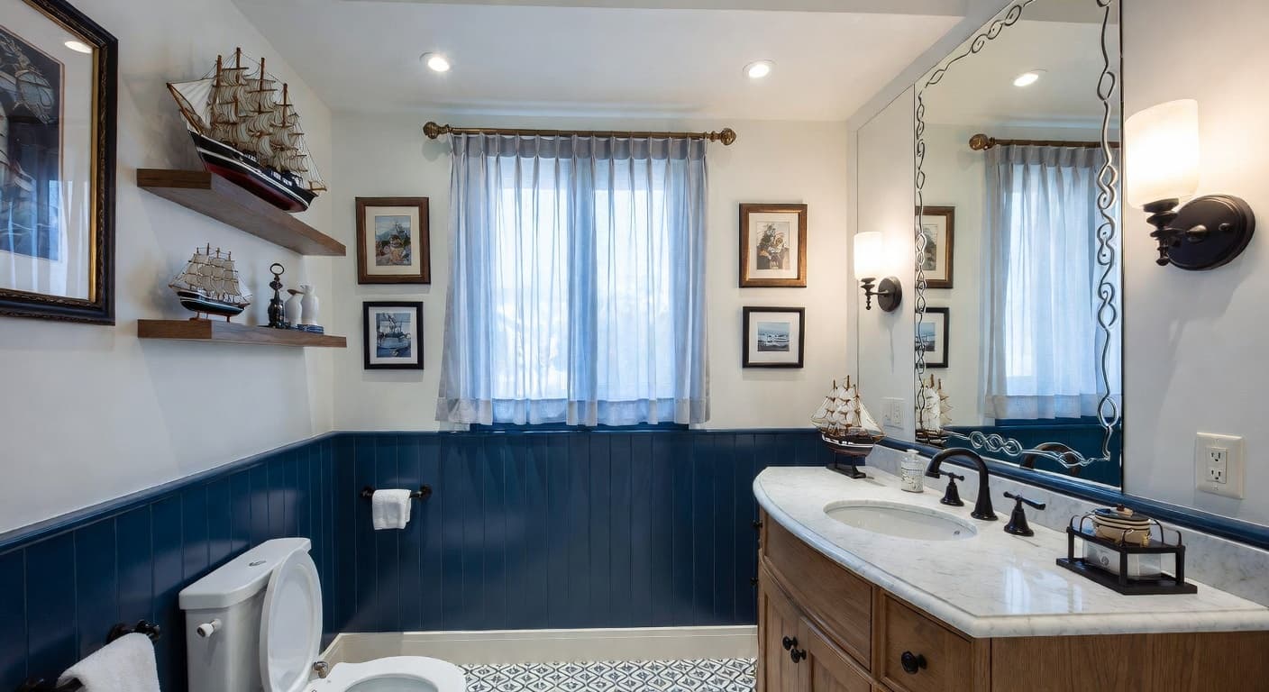 Nautical powder room interior design - featuring nautical style furniture, decor, colors, and layout ideas for your powder room