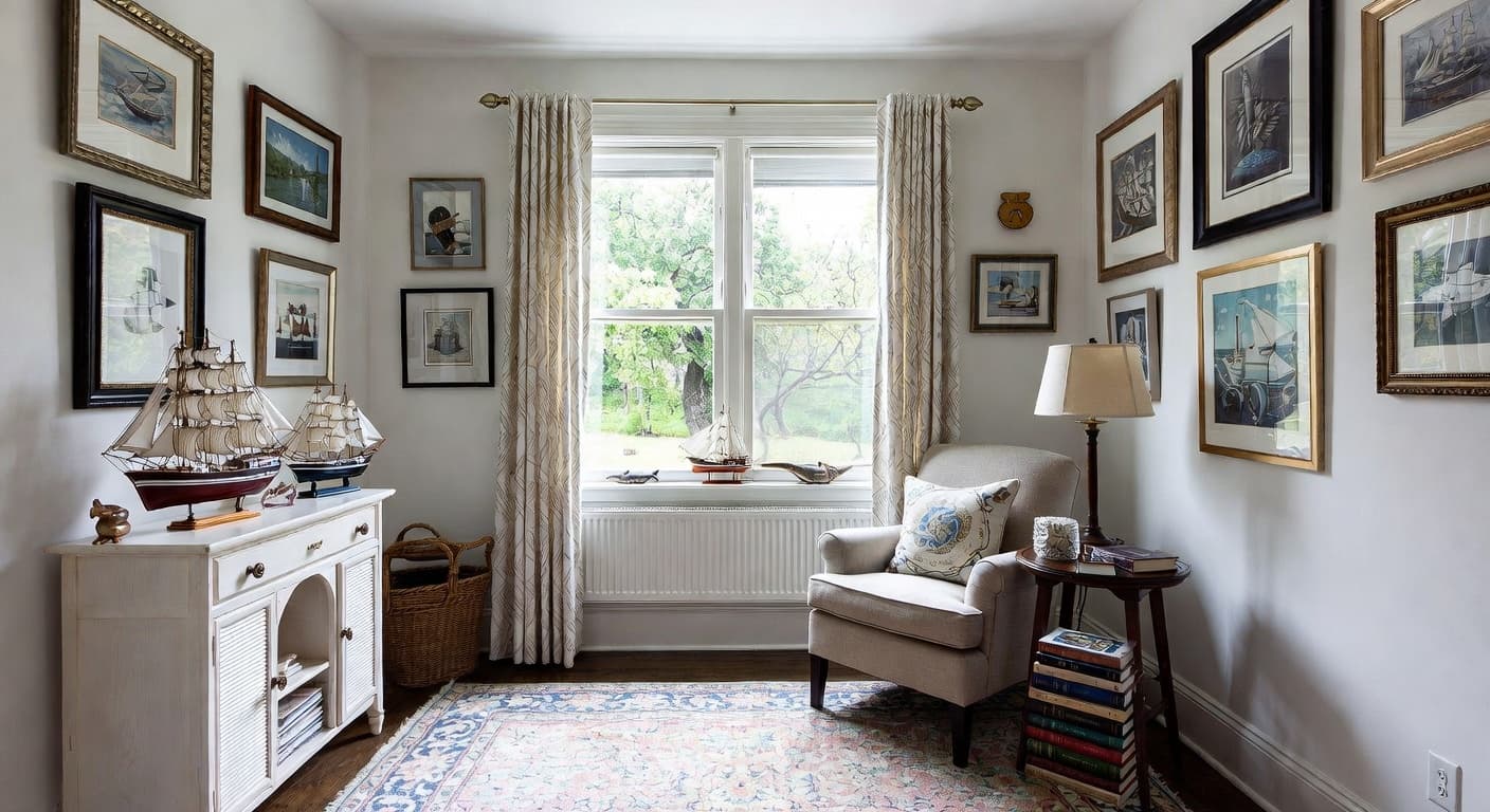 Nautical reading nook interior design - featuring nautical style furniture, decor, colors, and layout ideas for your reading nook