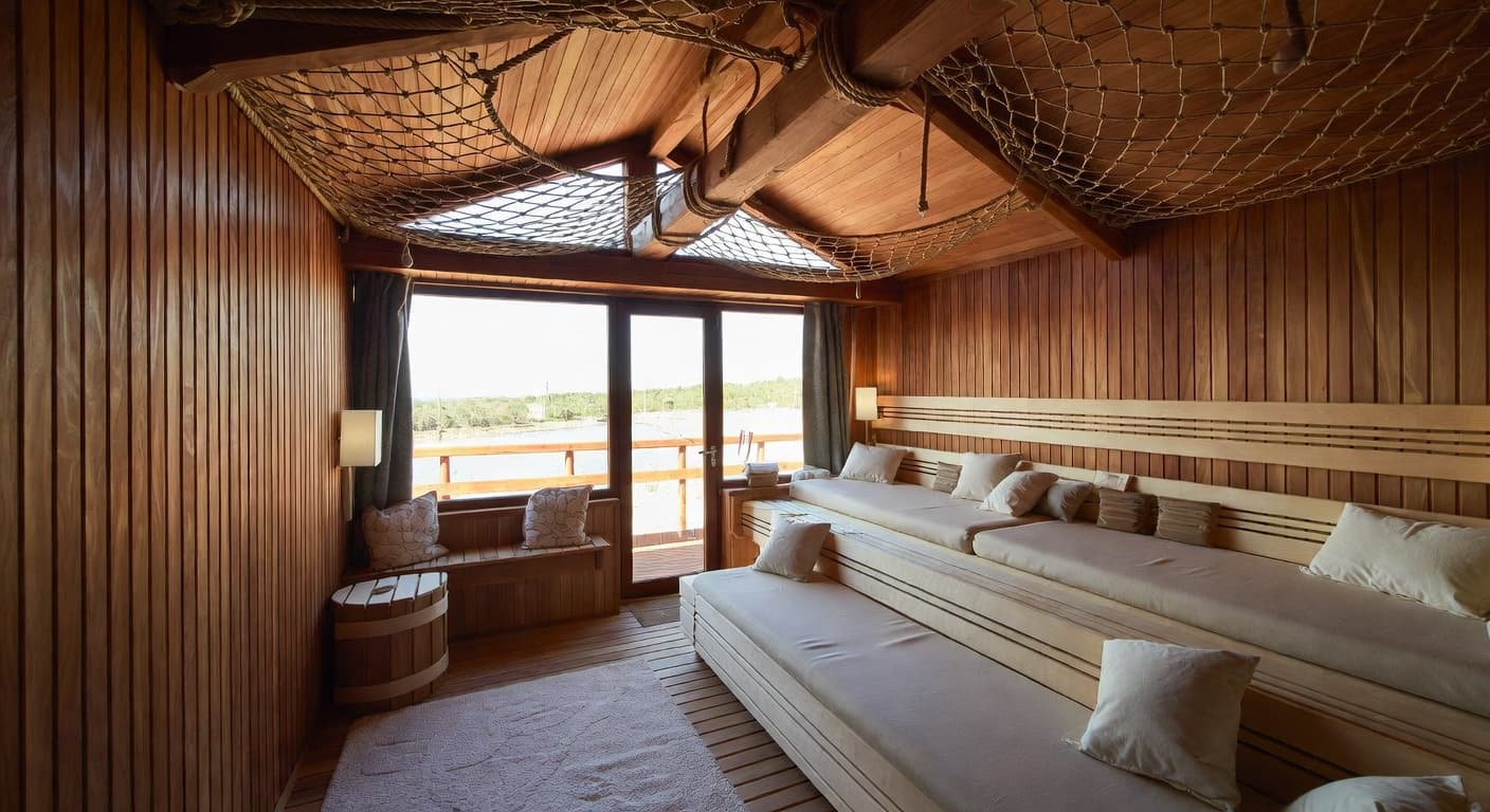 Nautical sauna / spa room interior design - featuring nautical style furniture, decor, colors, and layout ideas for your sauna / spa room