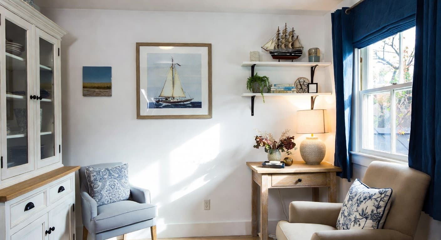 Nautical utility room interior design - featuring nautical style furniture, decor, colors, and layout ideas for your utility room