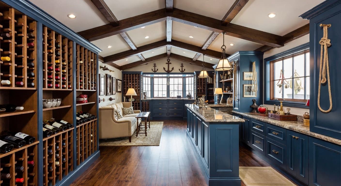 Nautical wine cellar interior design - featuring nautical style furniture, decor, colors, and layout ideas for your wine cellar