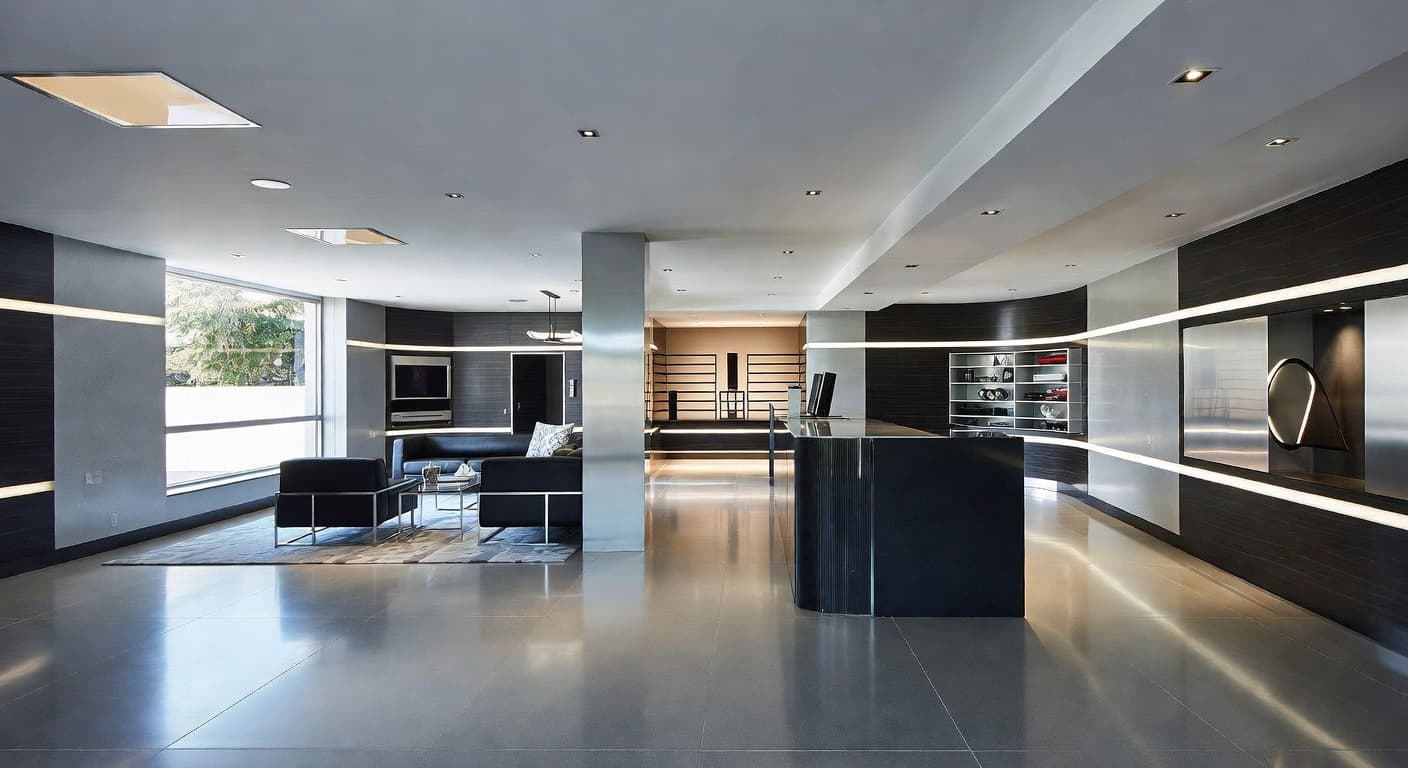 Neo-Futurism basement interior design - featuring neo-futurism style furniture, decor, colors, and layout ideas for your basement