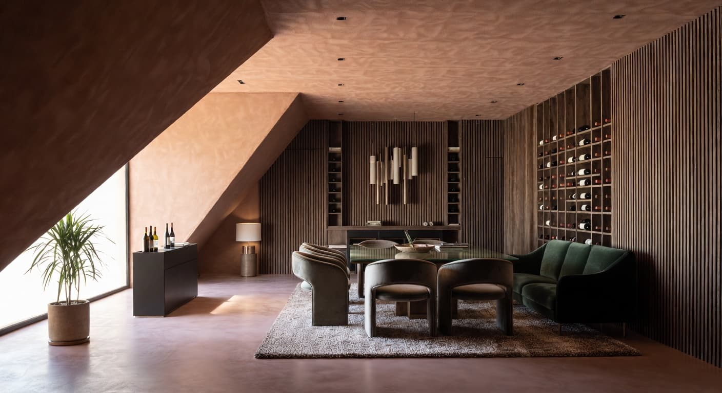 Neo-Futurism wine cellar interior design - featuring neo-futurism style furniture, decor, colors, and layout ideas for your wine cellar