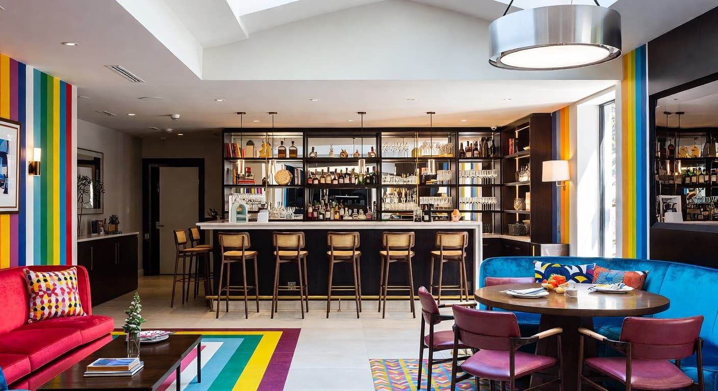 Neo-Memphis bar room interior design - featuring neo-memphis style furniture, decor, colors, and layout ideas for your bar room