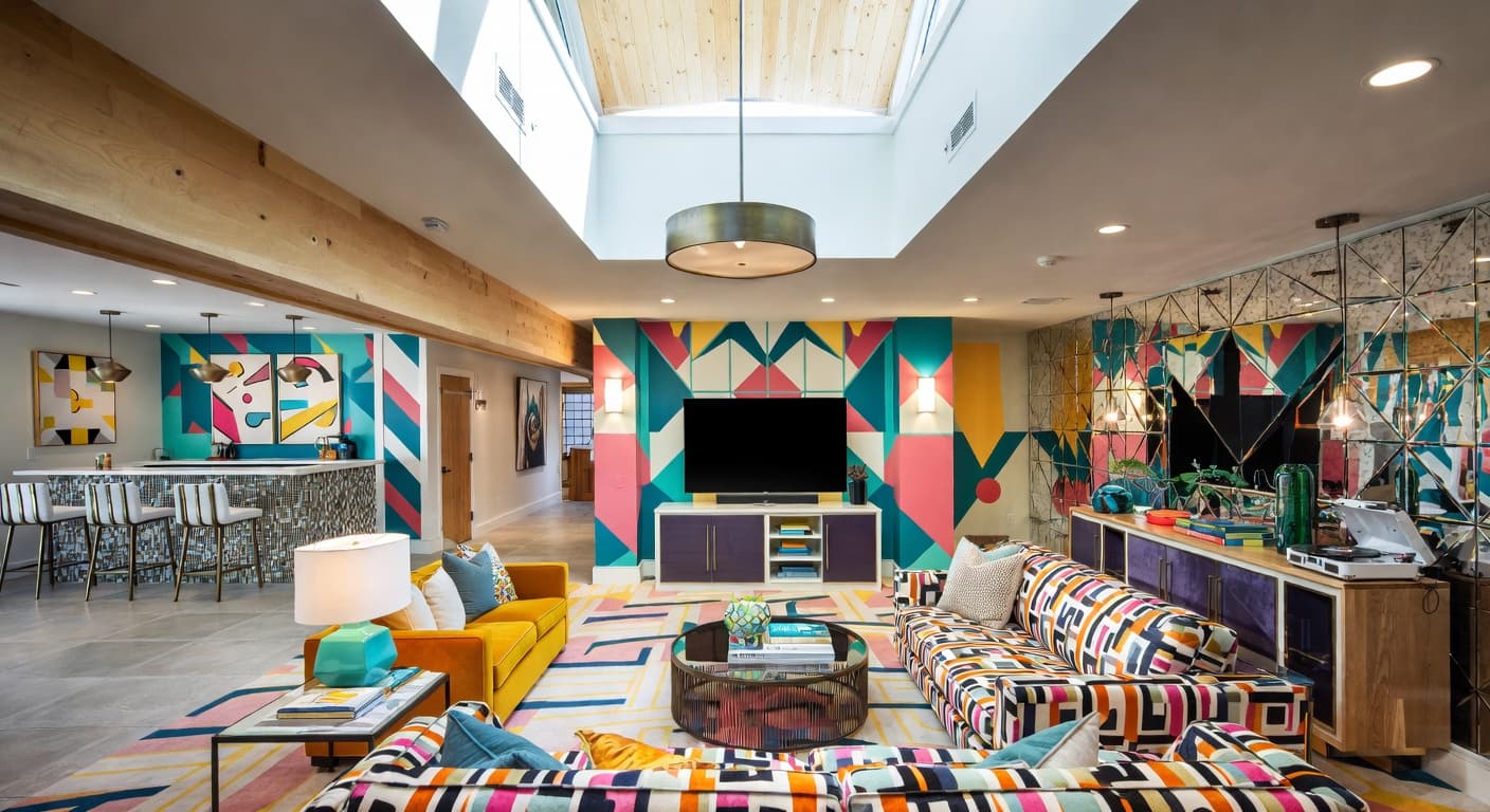 Neo-Memphis basement interior design - featuring neo-memphis style furniture, decor, colors, and layout ideas for your basement