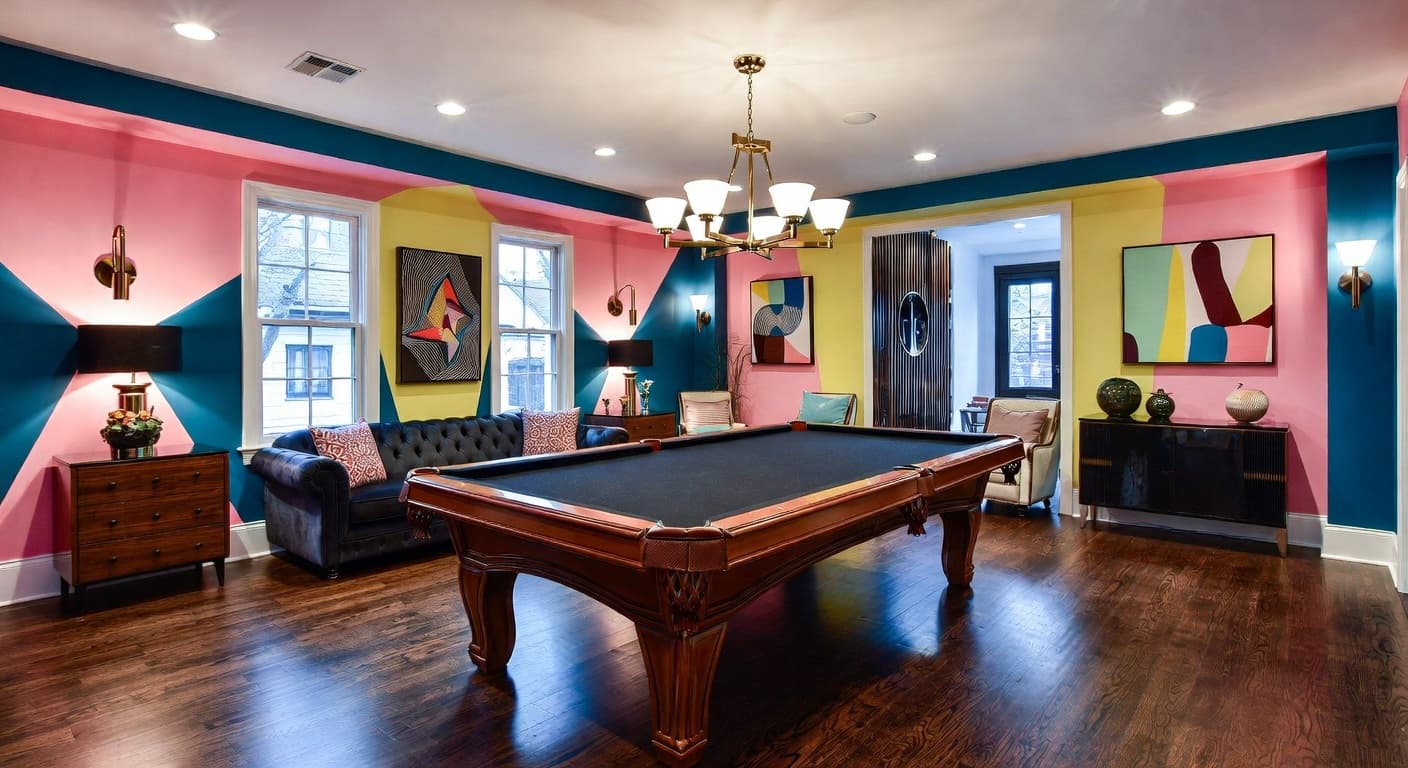 Neo-Memphis billiards room interior design - featuring neo-memphis style furniture, decor, colors, and layout ideas for your billiards room