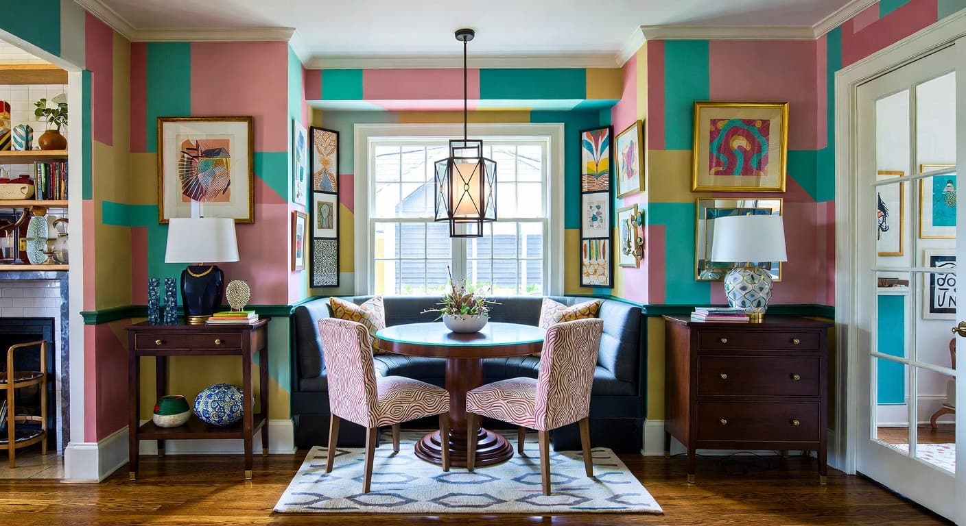 Neo-Memphis breakfast nook interior design - featuring neo-memphis style furniture, decor, colors, and layout ideas for your breakfast nook