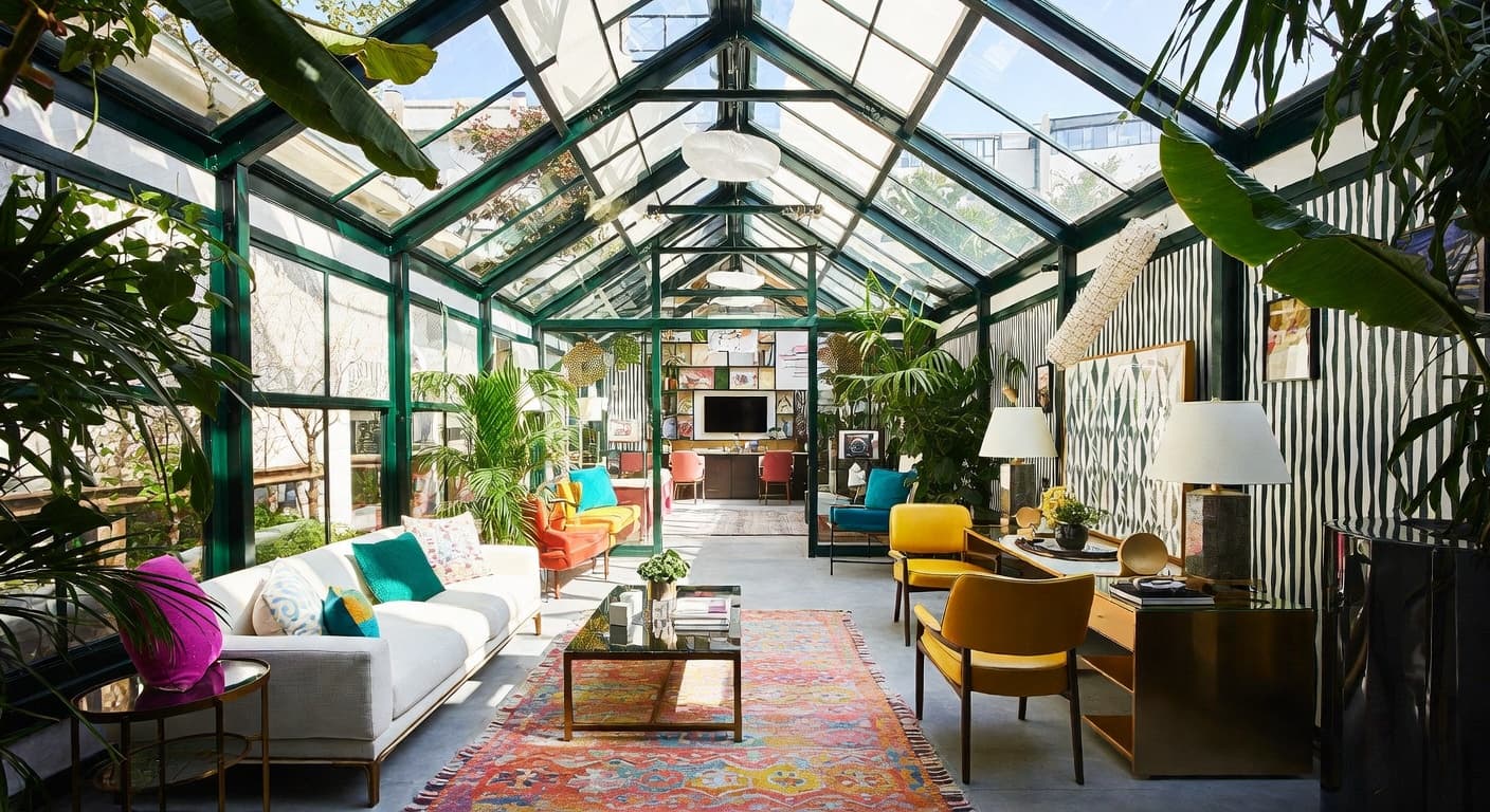Neo-Memphis greenhouse interior design - featuring neo-memphis style furniture, decor, colors, and layout ideas for your greenhouse
