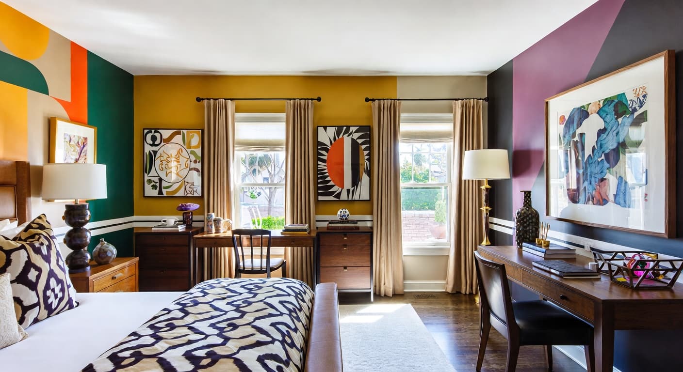 Neo-Memphis guest room interior design - featuring neo-memphis style furniture, decor, colors, and layout ideas for your guest room