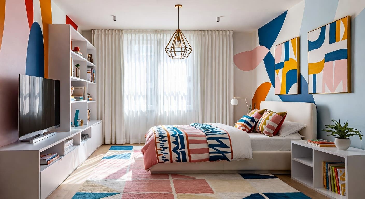 Neo-Memphis kids room interior design - featuring neo-memphis style furniture, decor, colors, and layout ideas for your kids room