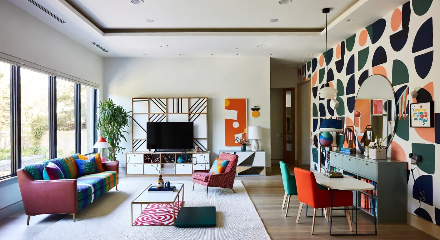 Neo-Memphis playroom interior design - featuring neo-memphis style furniture, decor, colors, and layout ideas for your playroom