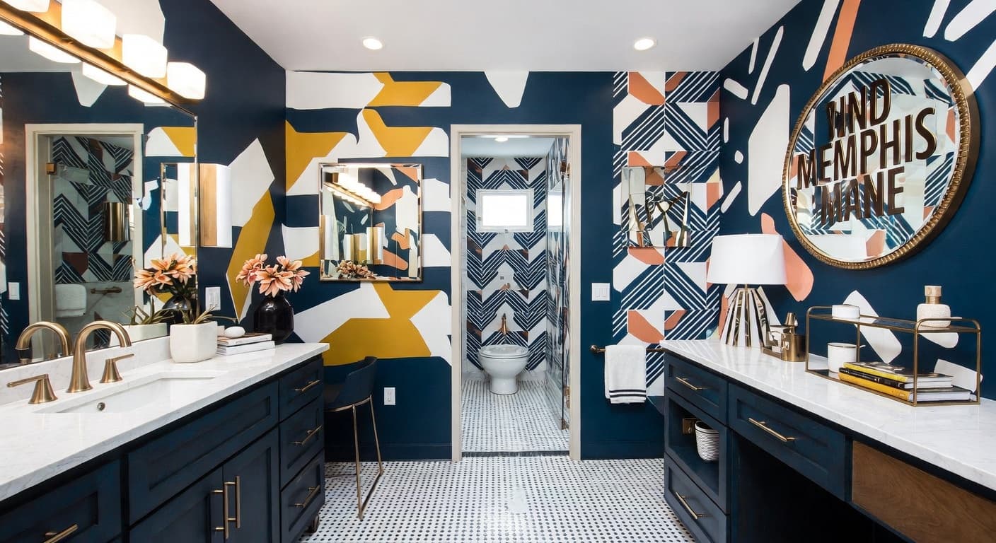 Neo-Memphis powder room interior design - featuring neo-memphis style furniture, decor, colors, and layout ideas for your powder room