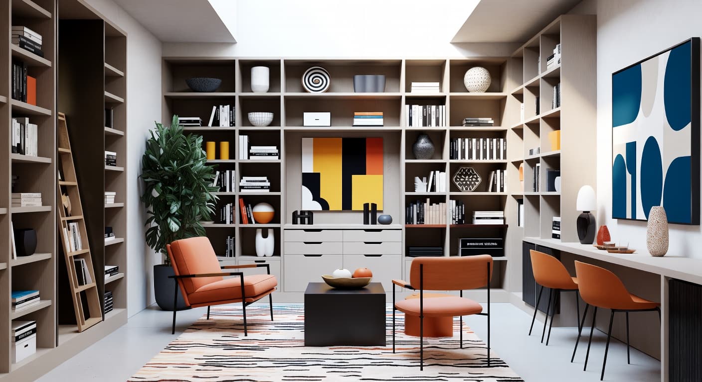 Neo-Memphis storage room interior design - featuring neo-memphis style furniture, decor, colors, and layout ideas for your storage room